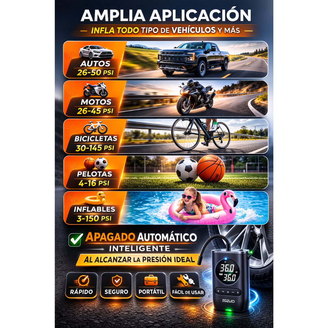 Inflador Portátil para Autos y Motos